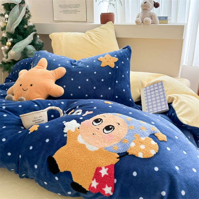 91家纺网 家纺一手货源 找家纺 艾特你 2025新款毛巾绣200克牛奶绒卡通毛巾绣四件套 星月宝宝