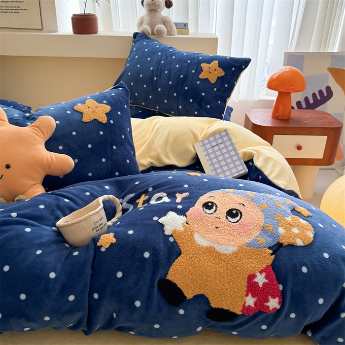 91家纺网 家纺一手货源 找家纺 艾特你 2025新款毛巾绣200克牛奶绒卡通毛巾绣四件套 星月宝宝