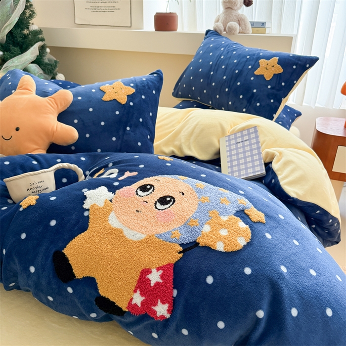 91家纺网 家纺一手货源 找家纺 艾特你 2025新款毛巾绣200克牛奶绒卡通毛巾绣四件套 星月宝宝