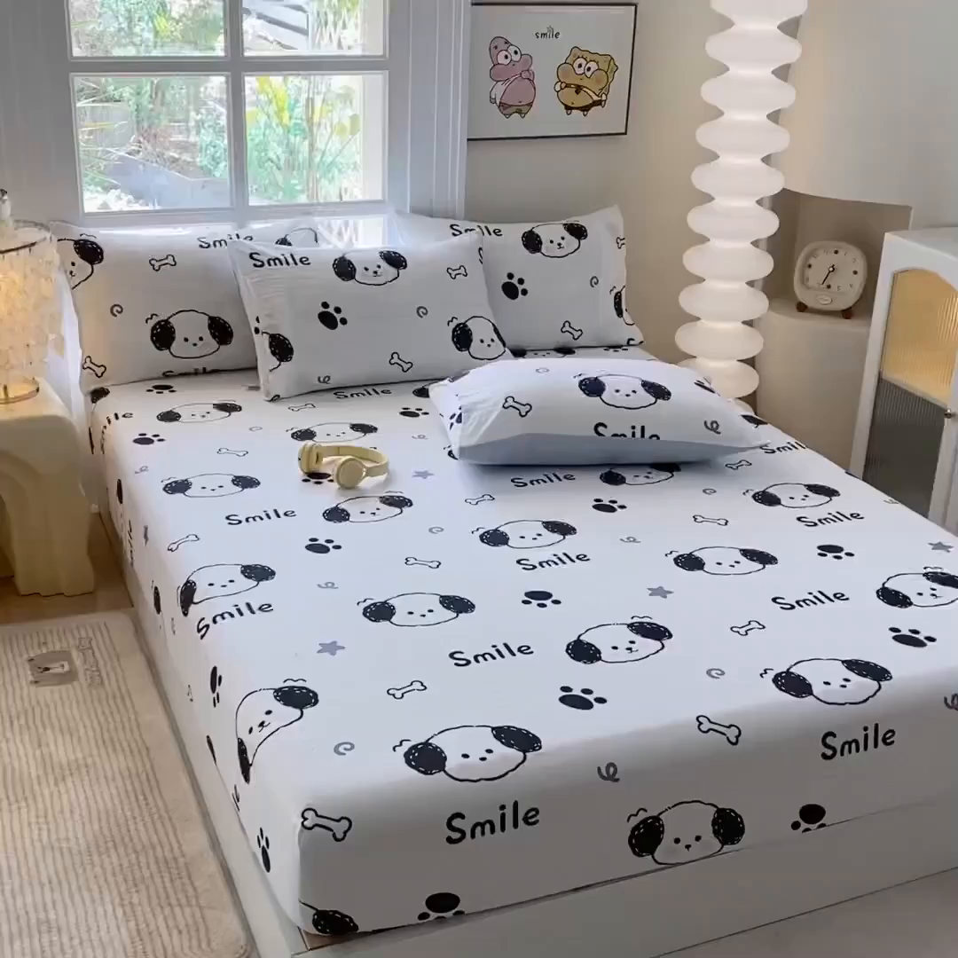 91家纺网 家纺一手货源 找家纺 一电 2025新款跨境电商外贸四季卡通床笠单件床罩床垫套防滑套宿舍儿童床单定制-第六批 微信狗狗