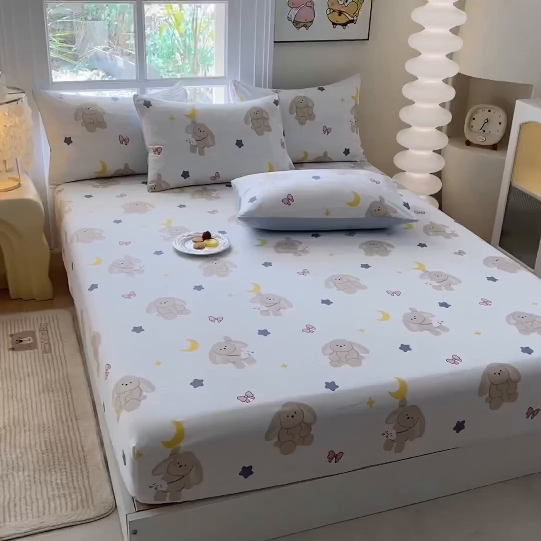 91家纺网 家纺一手货源 找家纺 一电 2025新款跨境电商外贸四季卡通床笠单件床罩床垫套防滑套宿舍儿童床单定制-第六批 晚安