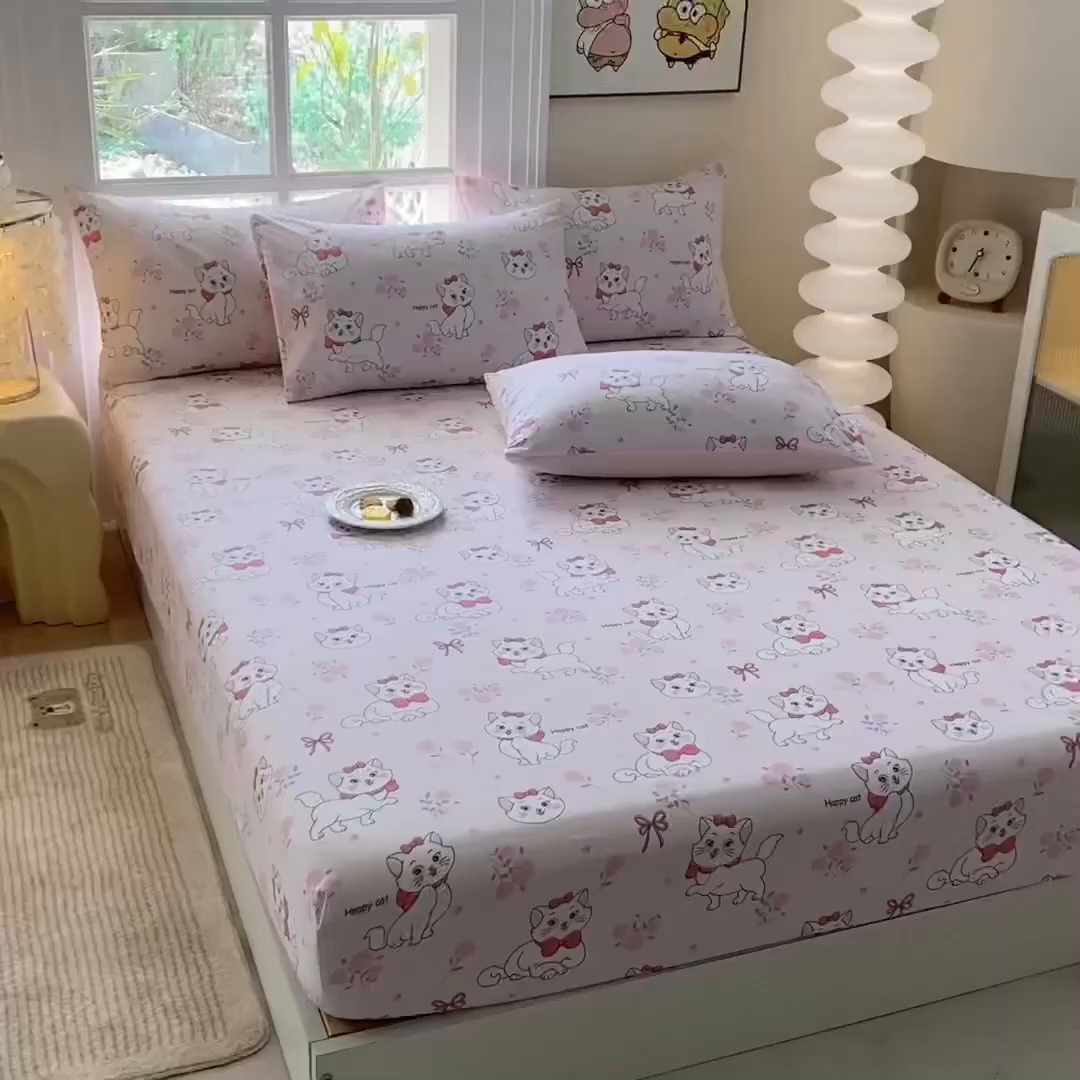 91家纺网 家纺一手货源 找家纺 一电 2025新款跨境电商外贸四季卡通床笠单件床罩床垫套防滑套宿舍儿童床单定制-第六批 小咪