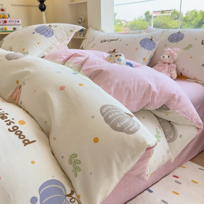 91家纺网 家纺一手货源 找家纺 鑫宇 2025新款全棉纯棉13372小清新印花四件套 南瓜派对