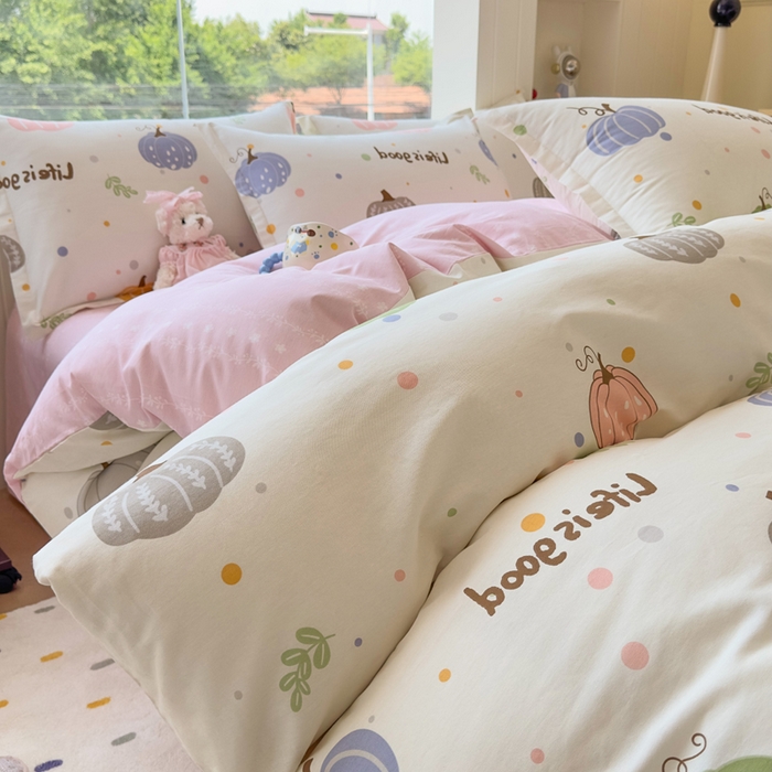 91家纺网 家纺一手货源 找家纺 鑫宇 2025新款全棉纯棉13372小清新印花四件套 南瓜派对