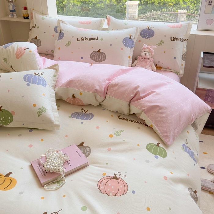 91家纺网 家纺一手货源 找家纺 鑫宇 2025新款全棉纯棉13372小清新印花四件套 南瓜派对