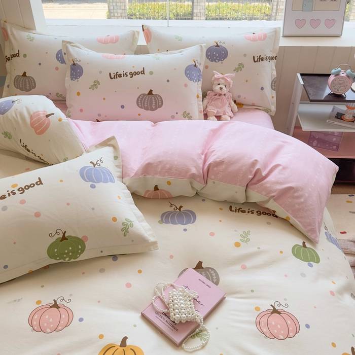 91家纺网 家纺一手货源 找家纺 鑫宇 2025新款全棉纯棉13372小清新印花四件套 南瓜派对