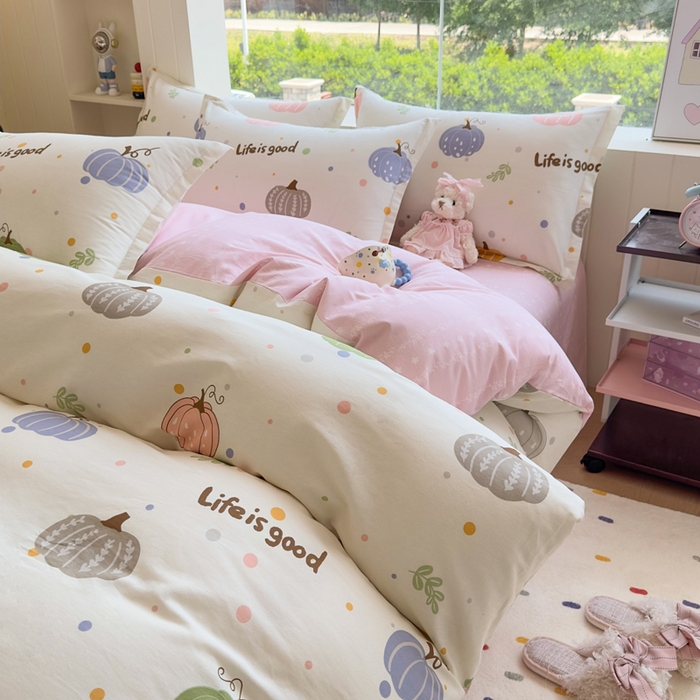 91家纺网 家纺一手货源 找家纺 鑫宇 2025新款全棉纯棉13372小清新印花四件套 南瓜派对