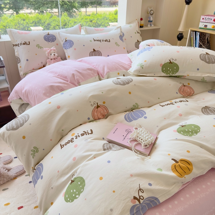 91家纺网 家纺一手货源 找家纺 鑫宇 2025新款全棉纯棉13372小清新印花四件套 南瓜派对