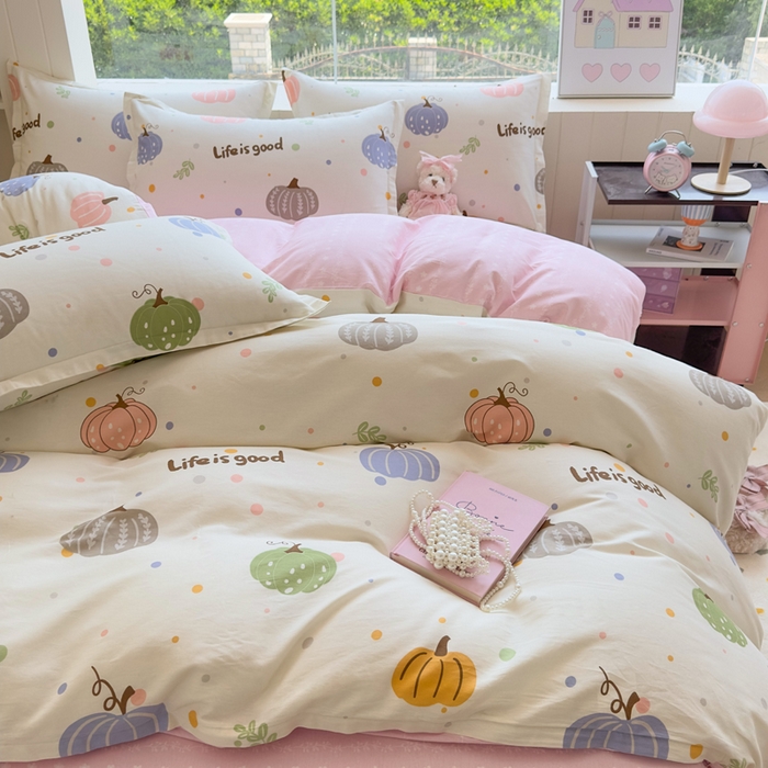 91家纺网 家纺一手货源 找家纺 鑫宇 2025新款全棉纯棉13372小清新印花四件套 南瓜派对