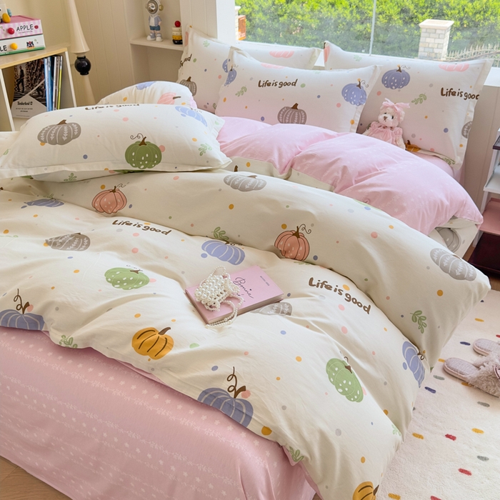 91家纺网 家纺一手货源 找家纺 鑫宇 2025新款全棉纯棉13372小清新印花四件套 南瓜派对