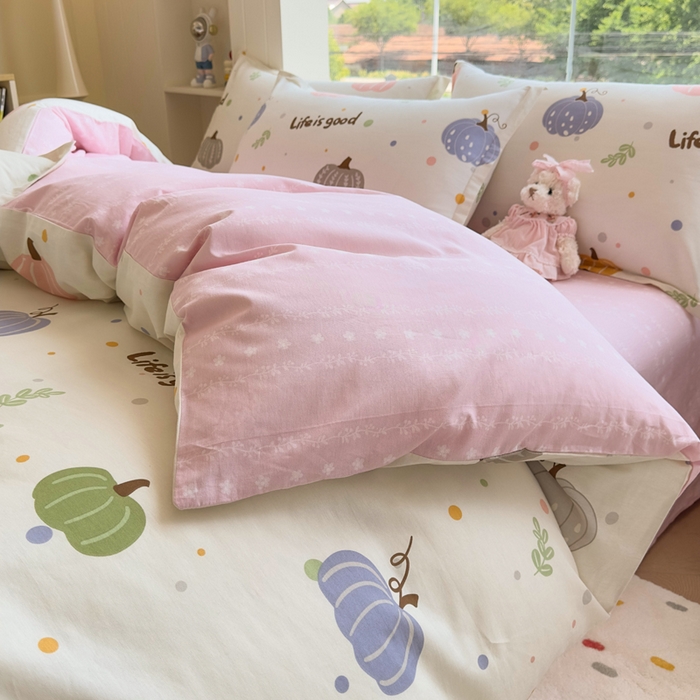 91家纺网 家纺一手货源 找家纺 鑫宇 2025新款全棉纯棉13372小清新印花四件套 南瓜派对