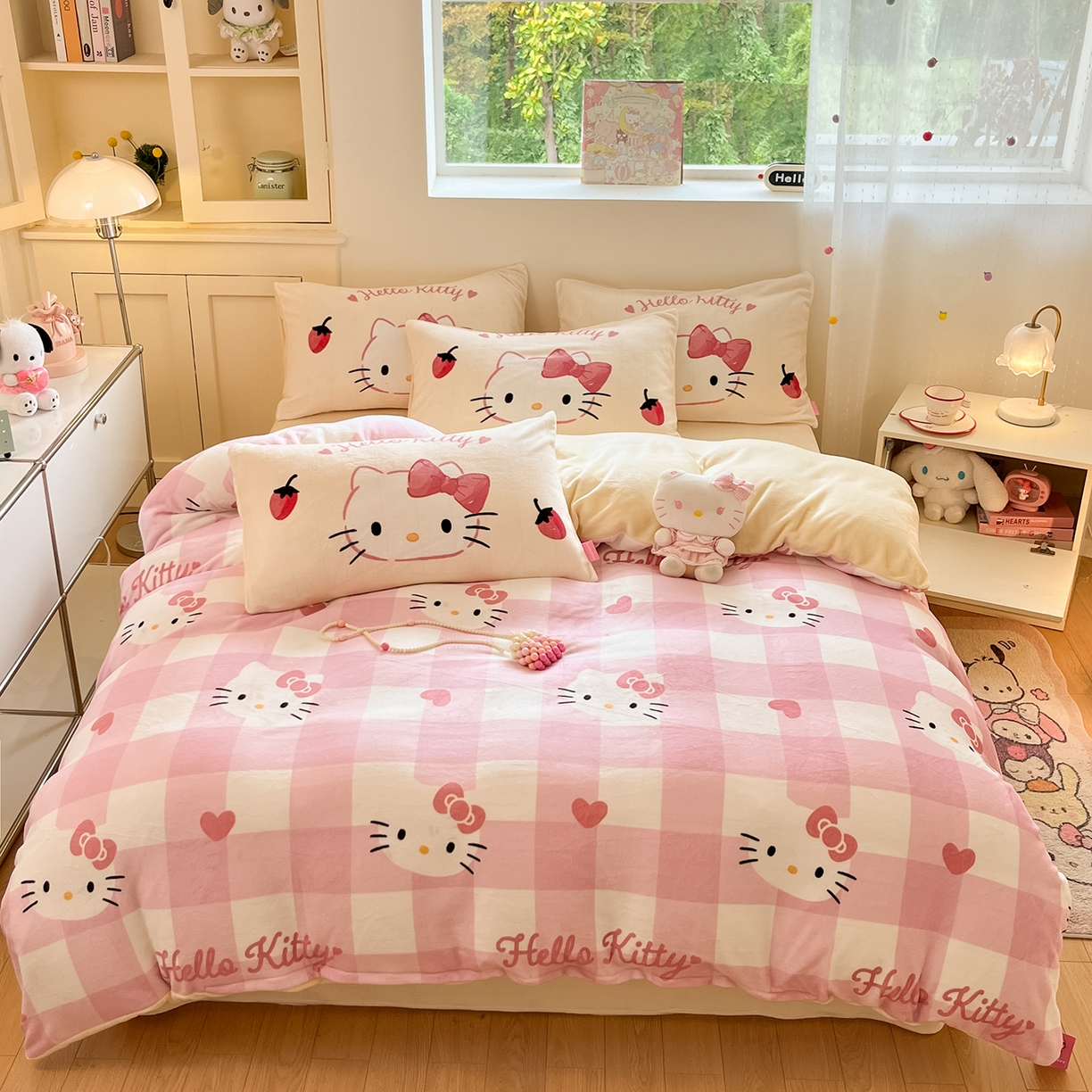 桃子家居 2025新品正版三丽鸥授权Kitty数码大版枕套混搭卡通加厚高克重牛奶绒系列四件套单品 绒三丽鸥-混搭粉格黄KT