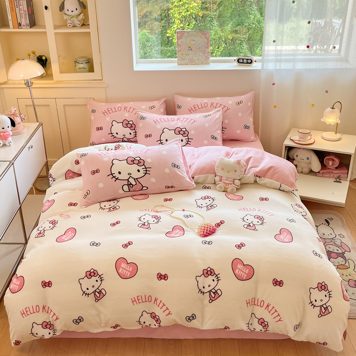 桃子家居 2025新品正版三丽鸥授权Kitty数码大版枕套混搭卡通加厚高克重牛奶绒系列四件套单品 绒三丽鸥-混搭粉心KT