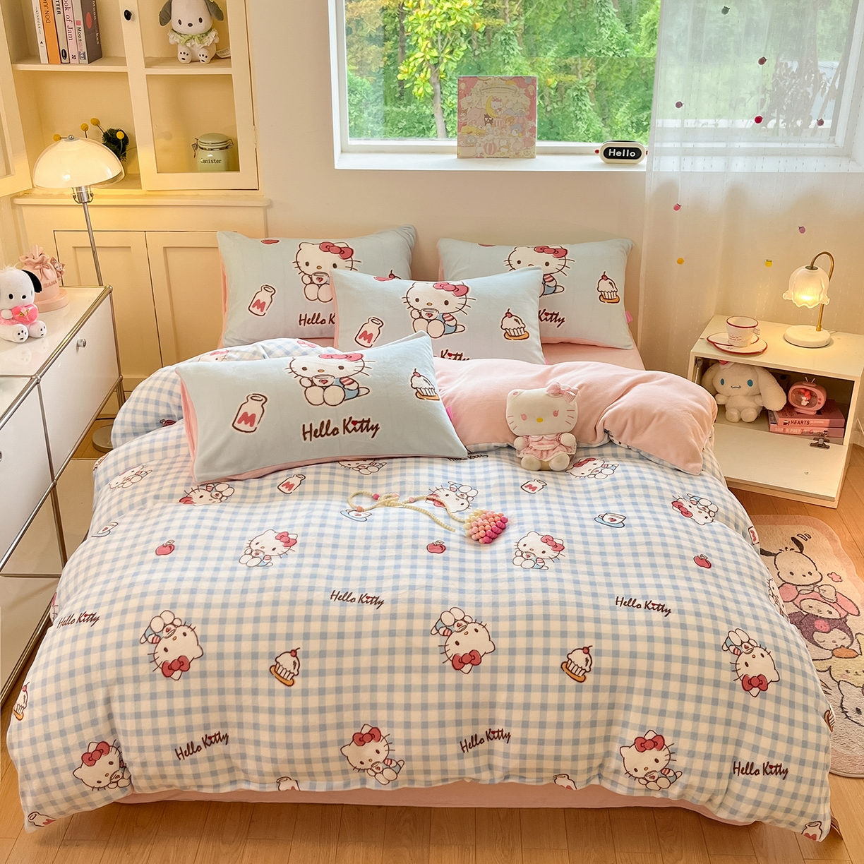 桃子家居 2025新品正版三丽鸥授权Kitty数码大版枕套混搭卡通加厚高克重牛奶绒系列四件套单品 绒三丽鸥-混搭蓝甜心KT