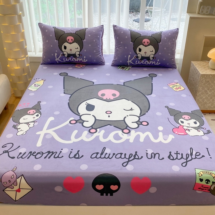 91家纺网 家纺一手货源 找家纺 一电 2025新款跨境电商床笠冬天德芙绒床笠单件加绒加厚绒床罩儿童学生宿舍床垫套床笠罩 圆点库洛米