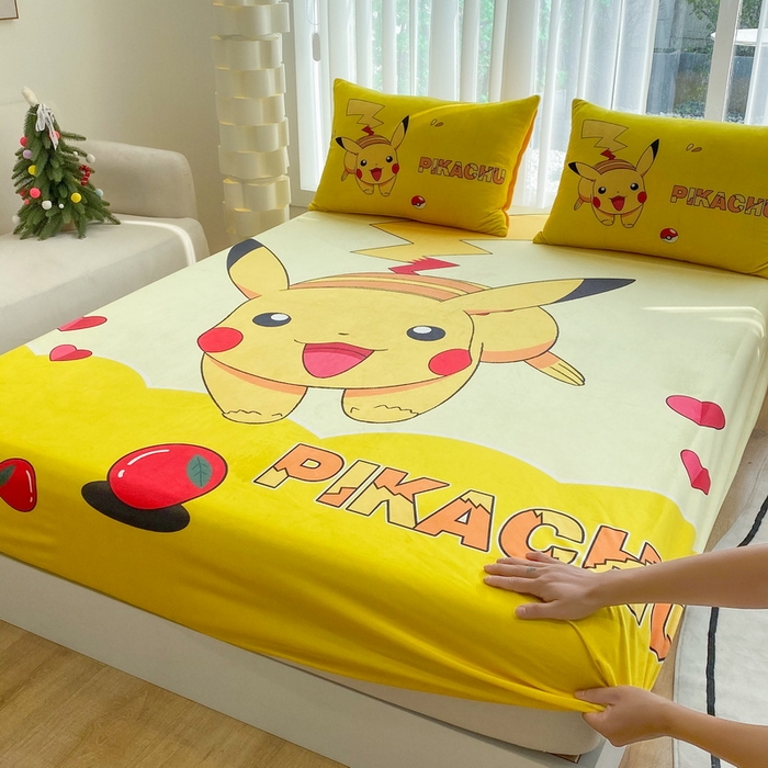 91家纺网 家纺一手货源 找家纺 一电 2025新款跨境电商床笠冬天德芙绒床笠单件加绒加厚绒床罩儿童学生宿舍床垫套床笠罩 奔跑皮卡丘