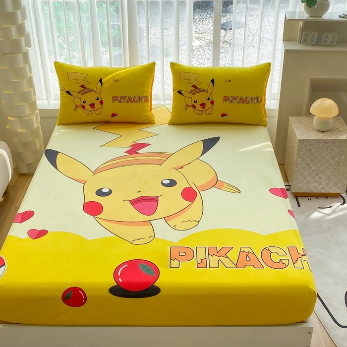 91家纺网 家纺一手货源 找家纺 一电 2025新款跨境电商床笠冬天德芙绒床笠单件加绒加厚绒床罩儿童学生宿舍床垫套床笠罩 奔跑皮卡丘