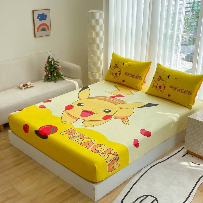 91家纺网 家纺一手货源 找家纺 一电 2025新款跨境电商床笠冬天德芙绒床笠单件加绒加厚绒床罩儿童学生宿舍床垫套床笠罩 奔跑皮卡丘