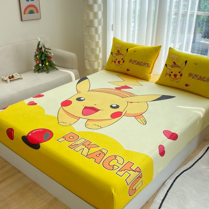 91家纺网 家纺一手货源 找家纺 一电 2025新款跨境电商床笠冬天德芙绒床笠单件加绒加厚绒床罩儿童学生宿舍床垫套床笠罩 奔跑皮卡丘