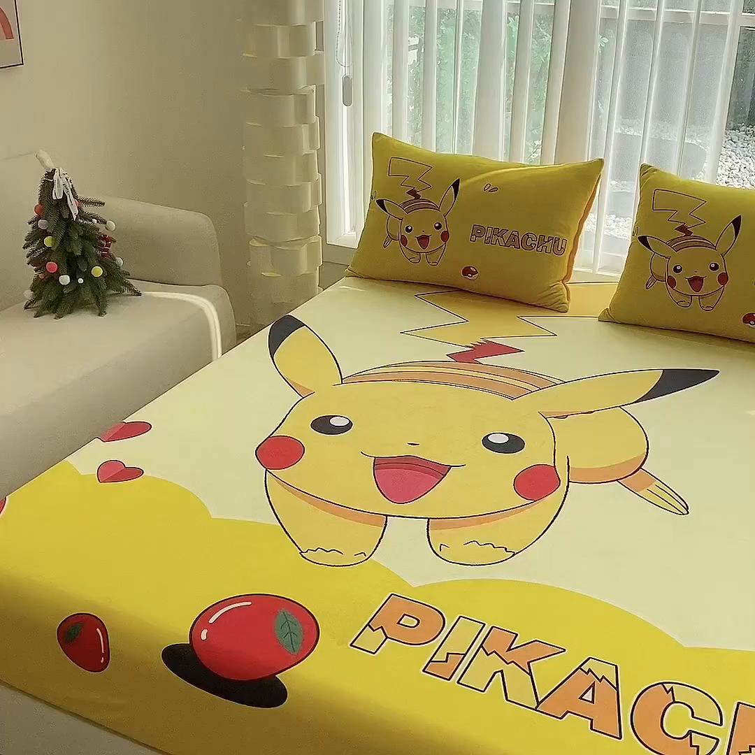 91家纺网 家纺一手货源 找家纺 一电 2025新款跨境电商床笠冬天德芙绒床笠单件加绒加厚绒床罩儿童学生宿舍床垫套床笠罩 奔跑皮卡丘