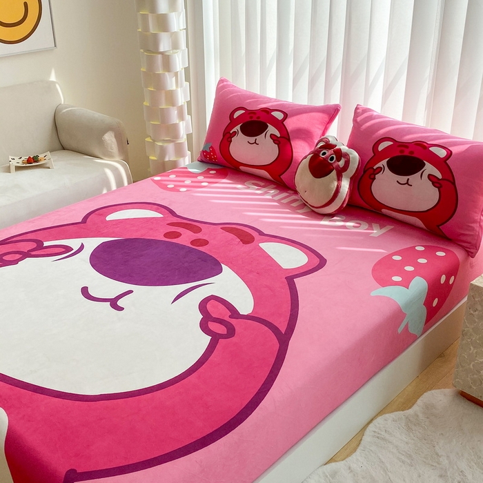 91家纺网 家纺一手货源 找家纺 一电 2025新款跨境电商床笠冬天德芙绒床笠单件加绒加厚绒床罩儿童学生宿舍床垫套床笠罩 草莓大雄