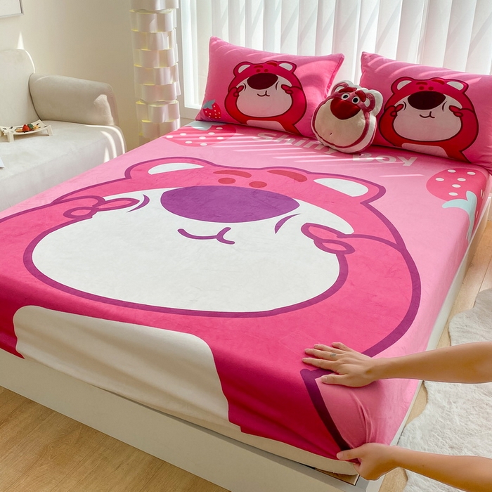 91家纺网 家纺一手货源 找家纺 一电 2025新款跨境电商床笠冬天德芙绒床笠单件加绒加厚绒床罩儿童学生宿舍床垫套床笠罩 草莓大雄