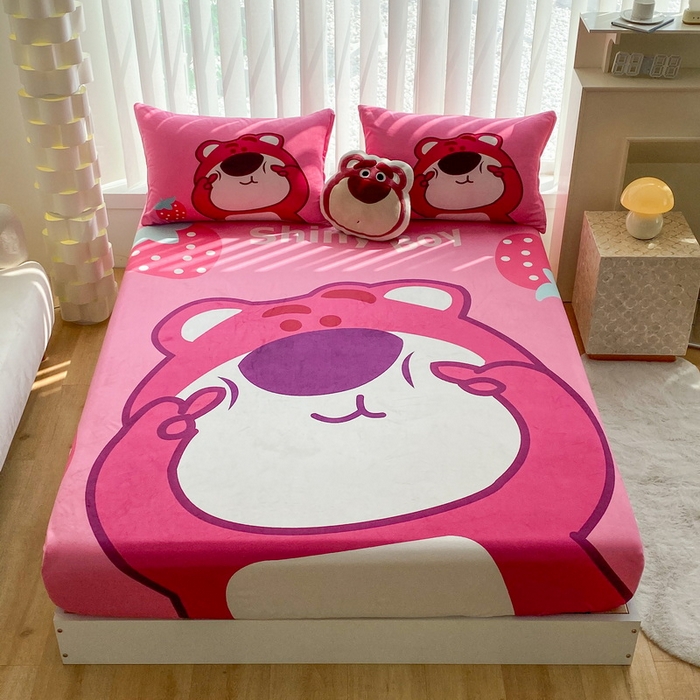 91家纺网 家纺一手货源 找家纺 一电 2025新款跨境电商床笠冬天德芙绒床笠单件加绒加厚绒床罩儿童学生宿舍床垫套床笠罩 草莓大雄