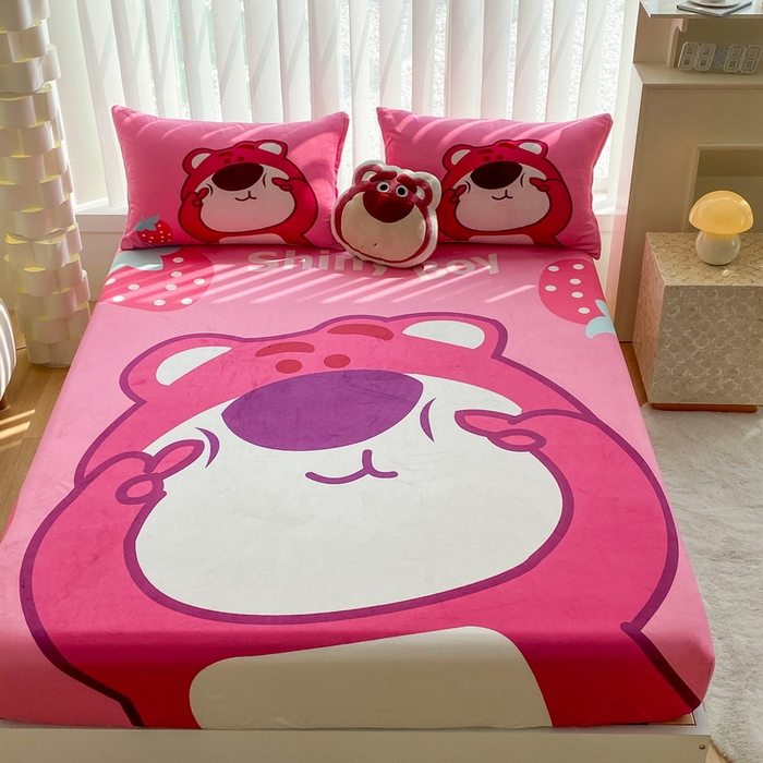 91家纺网 家纺一手货源 找家纺 一电 2025新款跨境电商床笠冬天德芙绒床笠单件加绒加厚绒床罩儿童学生宿舍床垫套床笠罩 草莓大雄