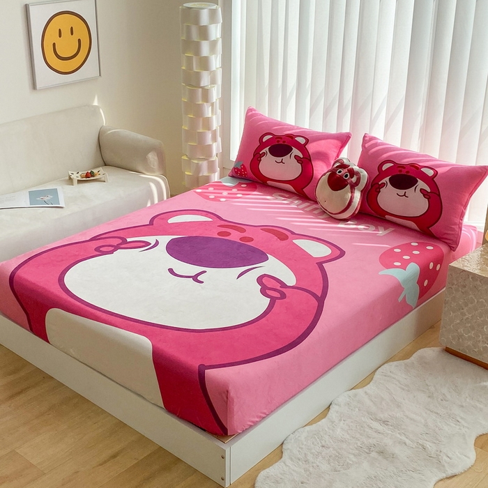 91家纺网 家纺一手货源 找家纺 一电 2025新款跨境电商床笠冬天德芙绒床笠单件加绒加厚绒床罩儿童学生宿舍床垫套床笠罩 草莓大雄