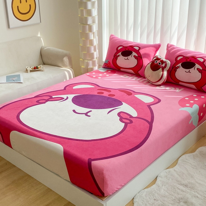 91家纺网 家纺一手货源 找家纺 一电 2025新款跨境电商床笠冬天德芙绒床笠单件加绒加厚绒床罩儿童学生宿舍床垫套床笠罩 草莓大雄