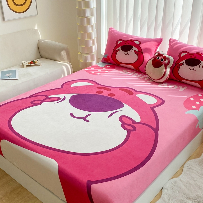 91家纺网 家纺一手货源 找家纺 一电 2025新款跨境电商床笠冬天德芙绒床笠单件加绒加厚绒床罩儿童学生宿舍床垫套床笠罩 草莓大雄