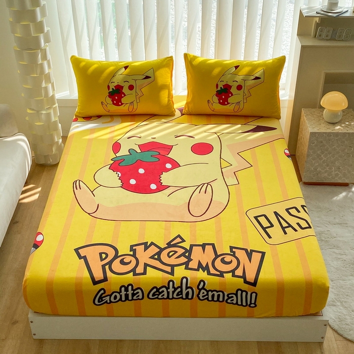 91家纺网 家纺一手货源 找家纺 一电 2025新款跨境电商床笠冬天德芙绒床笠单件加绒加厚绒床罩儿童学生宿舍床垫套床笠罩 草莓皮卡丘