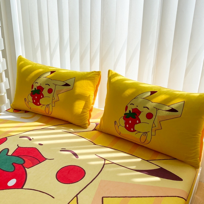 91家纺网 家纺一手货源 找家纺 一电 2025新款跨境电商床笠冬天德芙绒床笠单件加绒加厚绒床罩儿童学生宿舍床垫套床笠罩 草莓皮卡丘