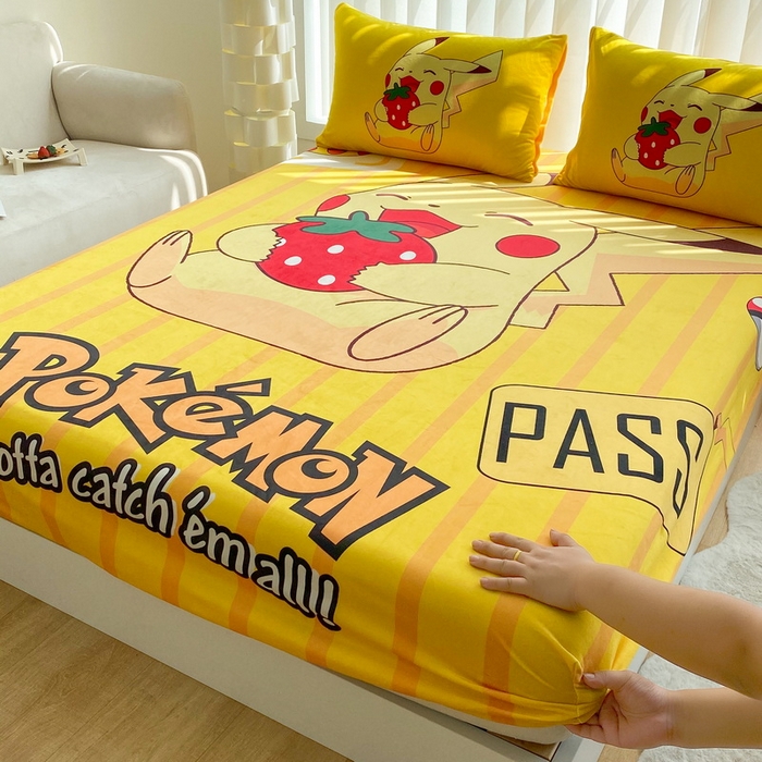 91家纺网 家纺一手货源 找家纺 一电 2025新款跨境电商床笠冬天德芙绒床笠单件加绒加厚绒床罩儿童学生宿舍床垫套床笠罩 草莓皮卡丘