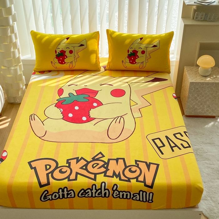 91家纺网 家纺一手货源 找家纺 一电 2025新款跨境电商床笠冬天德芙绒床笠单件加绒加厚绒床罩儿童学生宿舍床垫套床笠罩 草莓皮卡丘