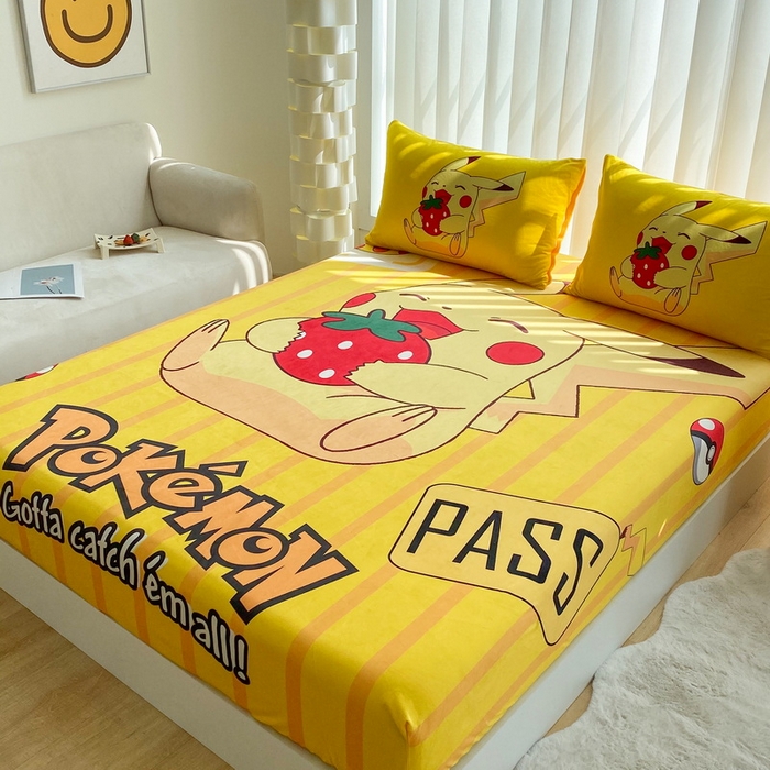 91家纺网 家纺一手货源 找家纺 一电 2025新款跨境电商床笠冬天德芙绒床笠单件加绒加厚绒床罩儿童学生宿舍床垫套床笠罩 草莓皮卡丘