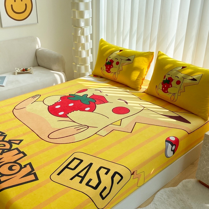 91家纺网 家纺一手货源 找家纺 一电 2025新款跨境电商床笠冬天德芙绒床笠单件加绒加厚绒床罩儿童学生宿舍床垫套床笠罩 草莓皮卡丘