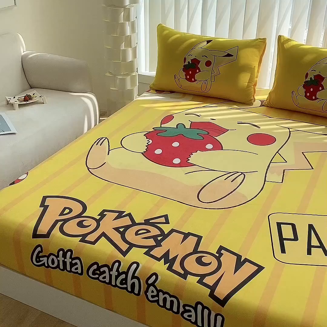 91家纺网 家纺一手货源 找家纺 一电 2025新款跨境电商床笠冬天德芙绒床笠单件加绒加厚绒床罩儿童学生宿舍床垫套床笠罩 草莓皮卡丘