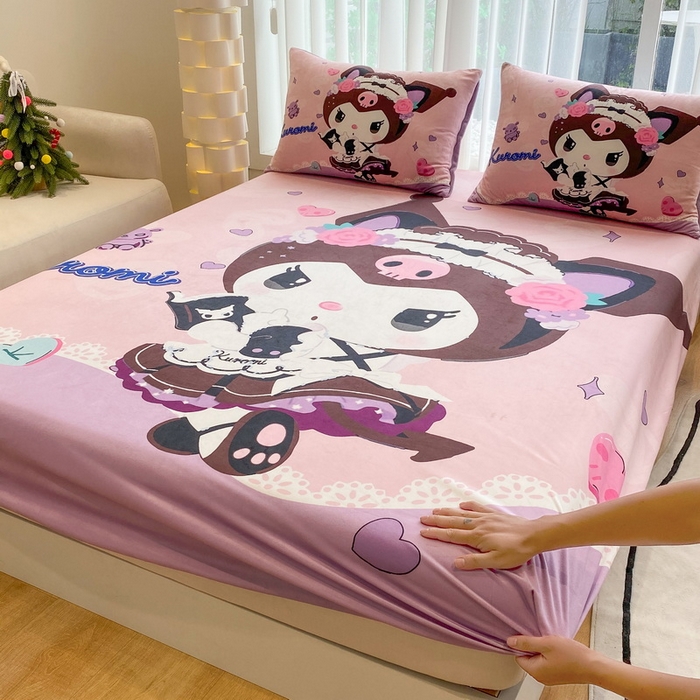 91家纺网 家纺一手货源 找家纺 一电 2025新款跨境电商床笠冬天德芙绒床笠单件加绒加厚绒床罩儿童学生宿舍床垫套床笠罩 公主库洛米