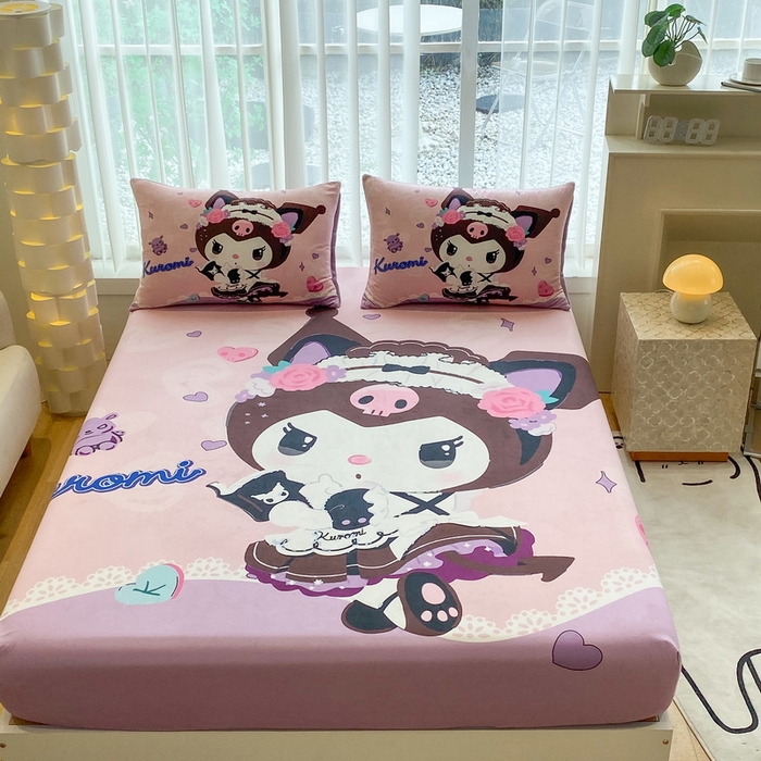 91家纺网 家纺一手货源 找家纺 一电 2025新款跨境电商床笠冬天德芙绒床笠单件加绒加厚绒床罩儿童学生宿舍床垫套床笠罩 公主库洛米