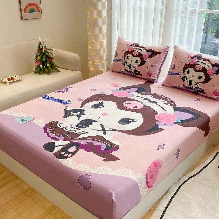 91家纺网 家纺一手货源 找家纺 一电 2025新款跨境电商床笠冬天德芙绒床笠单件加绒加厚绒床罩儿童学生宿舍床垫套床笠罩 公主库洛米