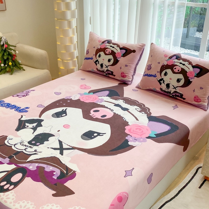 91家纺网 家纺一手货源 找家纺 一电 2025新款跨境电商床笠冬天德芙绒床笠单件加绒加厚绒床罩儿童学生宿舍床垫套床笠罩 公主库洛米