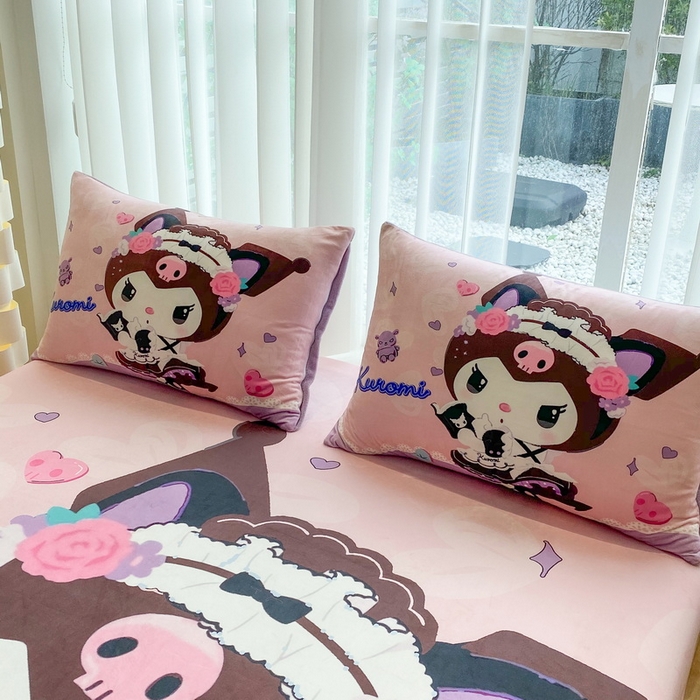 91家纺网 家纺一手货源 找家纺 一电 2025新款跨境电商床笠冬天德芙绒床笠单件加绒加厚绒床罩儿童学生宿舍床垫套床笠罩 公主库洛米