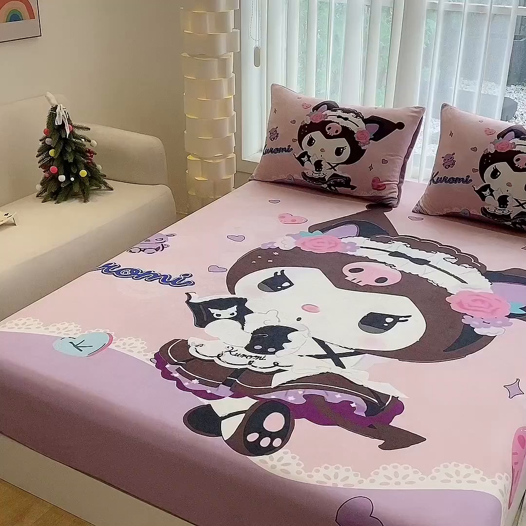 91家纺网 家纺一手货源 找家纺 一电 2025新款跨境电商床笠冬天德芙绒床笠单件加绒加厚绒床罩儿童学生宿舍床垫套床笠罩 公主库洛米