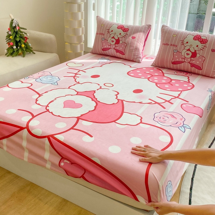 91家纺网 家纺一手货源 找家纺 一电 2025新款跨境电商床笠冬天德芙绒床笠单件加绒加厚绒床罩儿童学生宿舍床垫套床笠罩 害羞KT