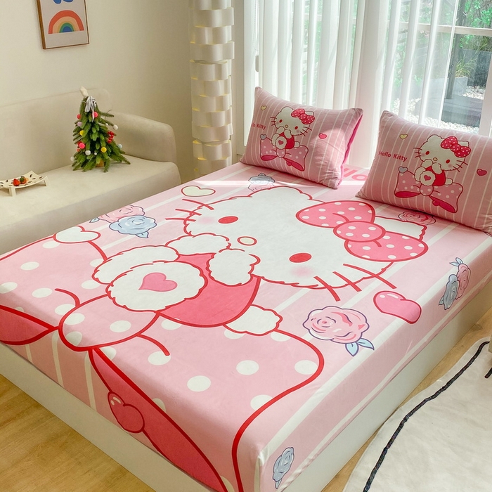 91家纺网 家纺一手货源 找家纺 一电 2025新款跨境电商床笠冬天德芙绒床笠单件加绒加厚绒床罩儿童学生宿舍床垫套床笠罩 害羞KT