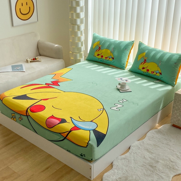 91家纺网 家纺一手货源 找家纺 一电 2025新款跨境电商床笠冬天德芙绒床笠单件加绒加厚绒床罩儿童学生宿舍床垫套床笠罩 呼呼皮卡丘