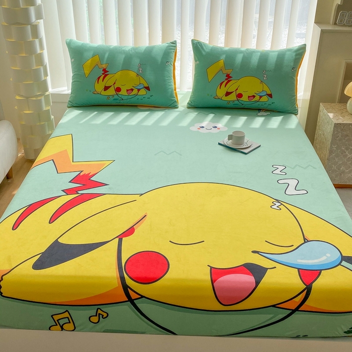 91家纺网 家纺一手货源 找家纺 一电 2025新款跨境电商床笠冬天德芙绒床笠单件加绒加厚绒床罩儿童学生宿舍床垫套床笠罩 呼呼皮卡丘