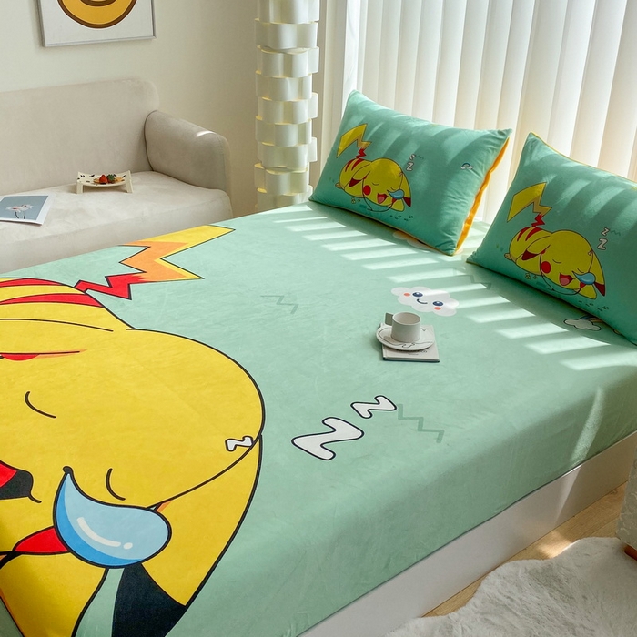 91家纺网 家纺一手货源 找家纺 一电 2025新款跨境电商床笠冬天德芙绒床笠单件加绒加厚绒床罩儿童学生宿舍床垫套床笠罩 呼呼皮卡丘