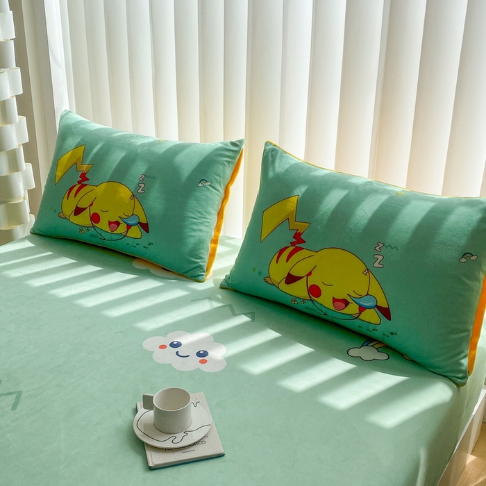 91家纺网 家纺一手货源 找家纺 一电 2025新款跨境电商床笠冬天德芙绒床笠单件加绒加厚绒床罩儿童学生宿舍床垫套床笠罩 呼呼皮卡丘